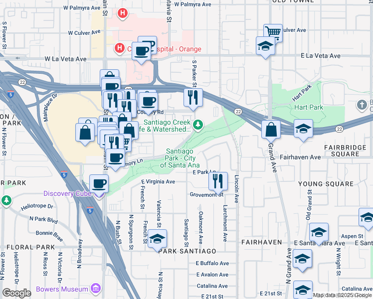 map of restaurants, bars, coffee shops, grocery stores, and more near 341 East Memory Lane in Santa Ana