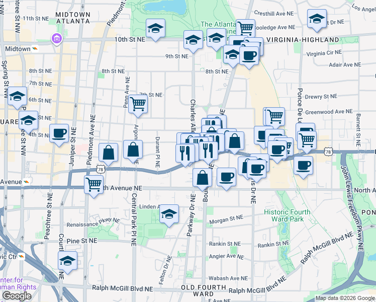 map of restaurants, bars, coffee shops, grocery stores, and more near 706 Charles Allen Drive Northeast in Atlanta