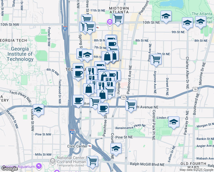 map of restaurants, bars, coffee shops, grocery stores, and more near 710 Peachtree Street Northeast in Atlanta