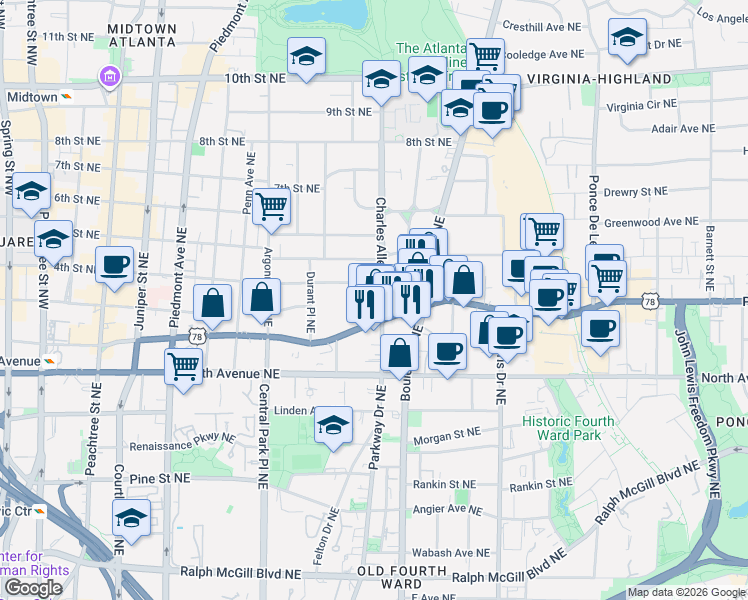 map of restaurants, bars, coffee shops, grocery stores, and more near 706 Charles Allen Drive Northeast in Atlanta