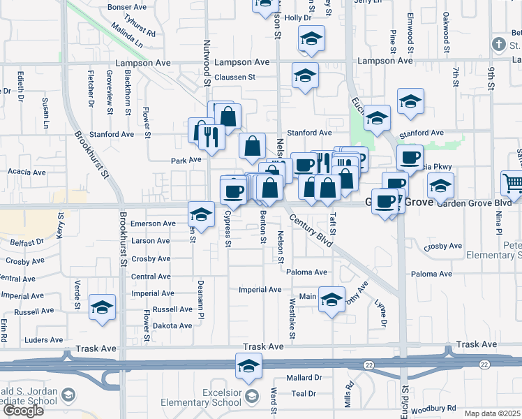 map of restaurants, bars, coffee shops, grocery stores, and more near 10672 Garden Grove Boulevard in Garden Grove