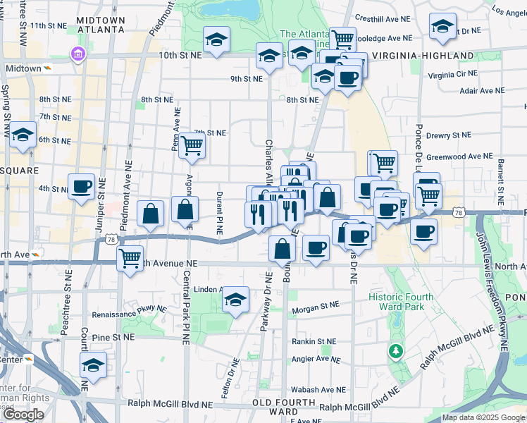 map of restaurants, bars, coffee shops, grocery stores, and more near 706 Charles Allen Drive Northeast in Atlanta