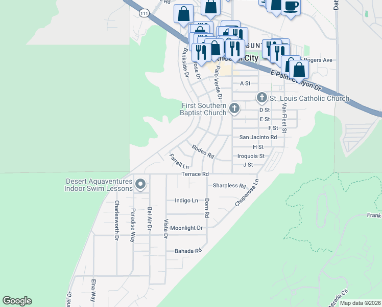 map of restaurants, bars, coffee shops, grocery stores, and more near 37827 Melrose Drive in Cathedral City