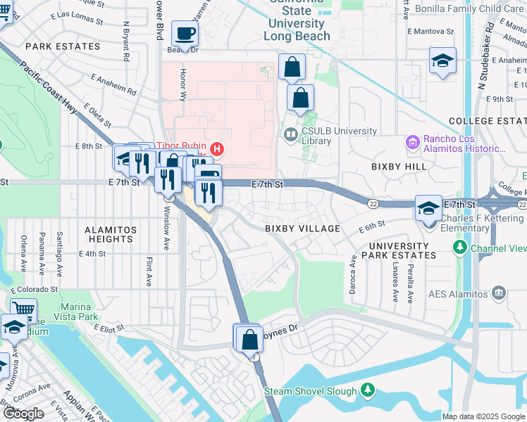 map of restaurants, bars, coffee shops, grocery stores, and more near 551 Pittsfield Court in Long Beach
