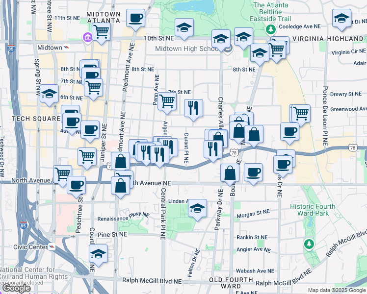 map of restaurants, bars, coffee shops, grocery stores, and more near 331 4th Street Northeast in Atlanta