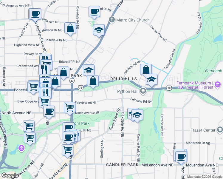 map of restaurants, bars, coffee shops, grocery stores, and more near 1341 S Ponce De Leon Avenue Northeast in Atlanta