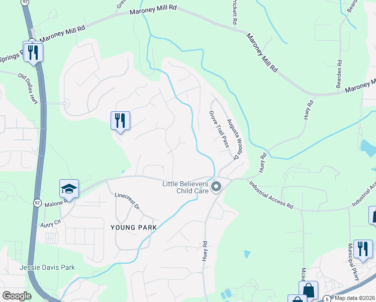map of restaurants, bars, coffee shops, grocery stores, and more near 6215 Grovener Avenue in Douglasville