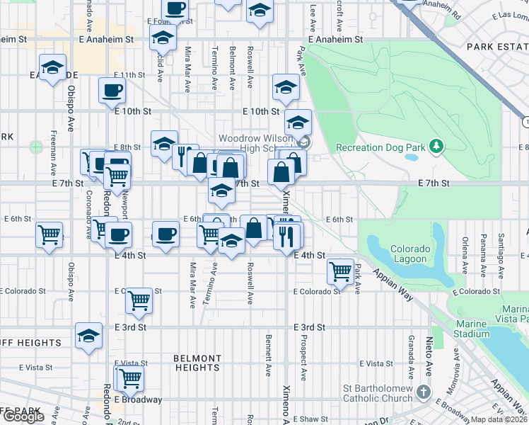 map of restaurants, bars, coffee shops, grocery stores, and more near 4218 East Elko Street in Long Beach