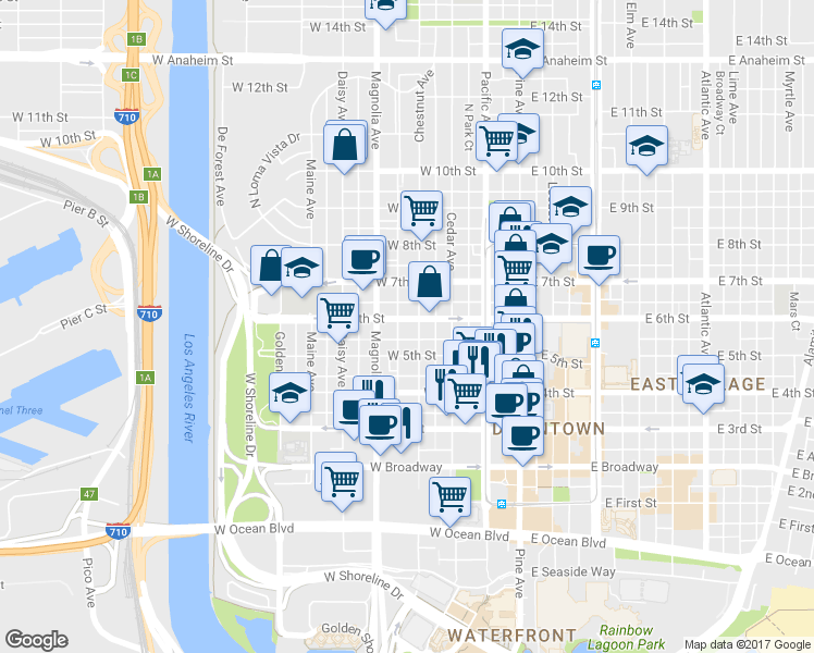 map of restaurants, bars, coffee shops, grocery stores, and more near 545 Chestnut Avenue in Long Beach