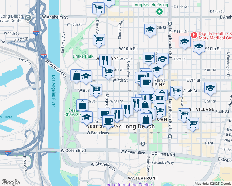 map of restaurants, bars, coffee shops, grocery stores, and more near 545 Chestnut Avenue in Long Beach