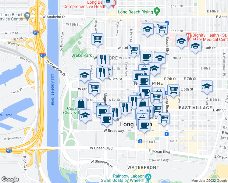 map of restaurants, bars, coffee shops, grocery stores, and more near 545 Chestnut Avenue in Long Beach