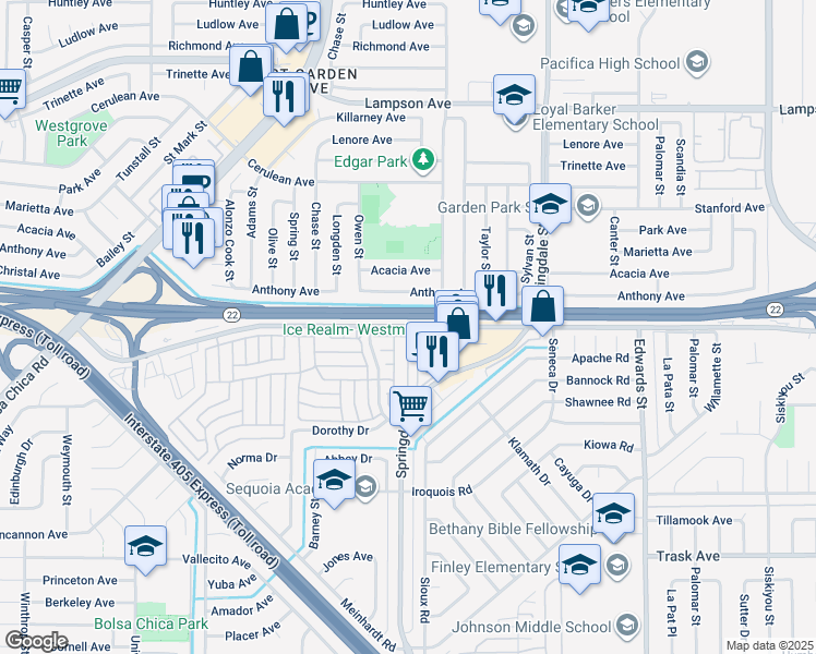 map of restaurants, bars, coffee shops, grocery stores, and more near 6000 West Garden Grove Boulevard in Westminster