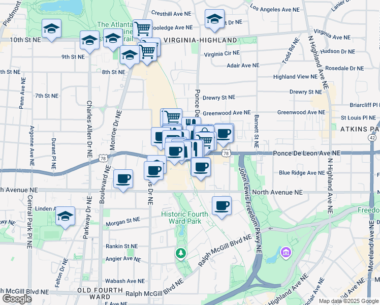 map of restaurants, bars, coffee shops, grocery stores, and more near 716 Ponce De Leon Place Northeast in Atlanta