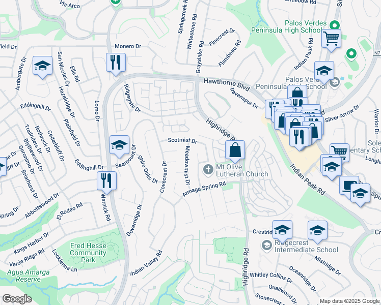 map of restaurants, bars, coffee shops, grocery stores, and more near 28404 Meadowmist Drive in Rancho Palos Verdes