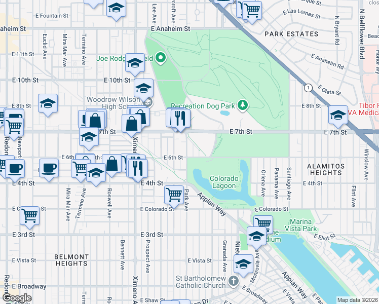 map of restaurants, bars, coffee shops, grocery stores, and more near 618 Park Avenue in Long Beach