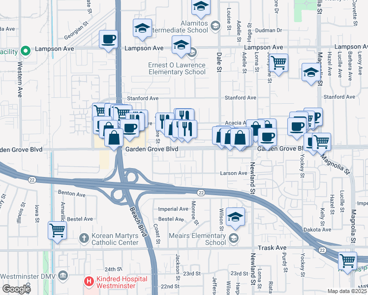 map of restaurants, bars, coffee shops, grocery stores, and more near 8341 Garden Grove Boulevard in Garden Grove