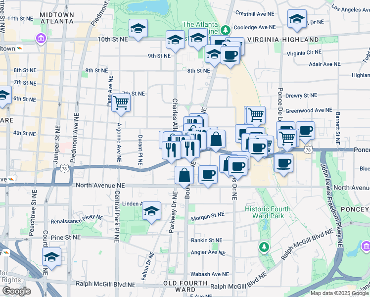 map of restaurants, bars, coffee shops, grocery stores, and more near 458 Ponce De Leon Avenue Northeast in Atlanta