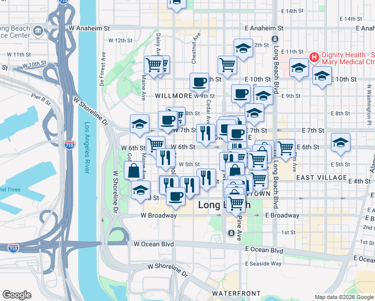 map of restaurants, bars, coffee shops, grocery stores, and more near 545 Chestnut Avenue in Long Beach
