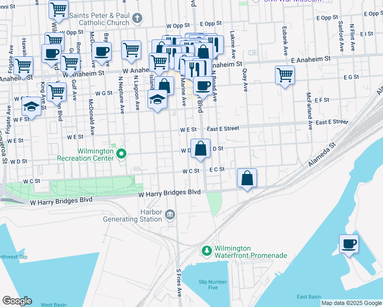 map of restaurants, bars, coffee shops, grocery stores, and more near 126 West D Street in Los Angeles