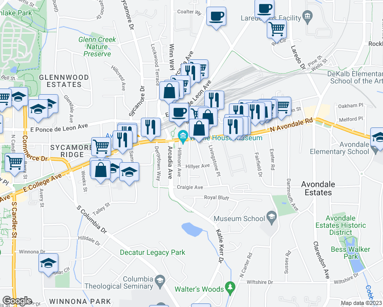 map of restaurants, bars, coffee shops, grocery stores, and more near 728 Dalerose Avenue in Decatur