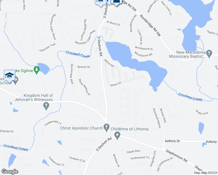map of restaurants, bars, coffee shops, grocery stores, and more near 741 Shore Drive in Lithonia