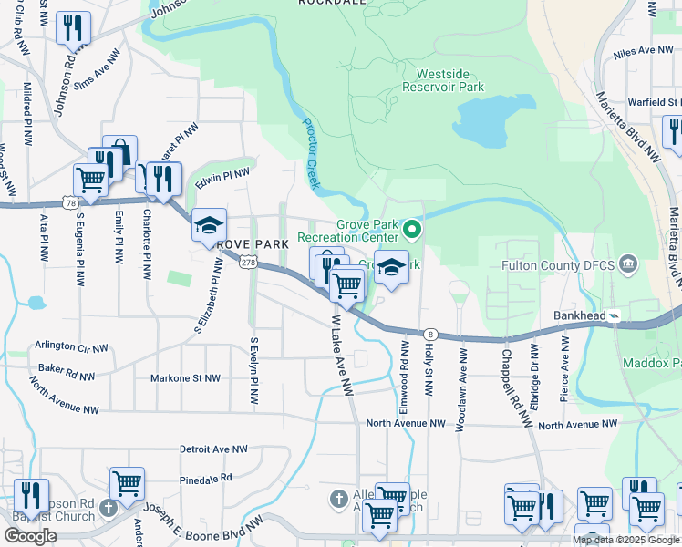 map of restaurants, bars, coffee shops, grocery stores, and more near 699 Florence Place Northwest in Atlanta