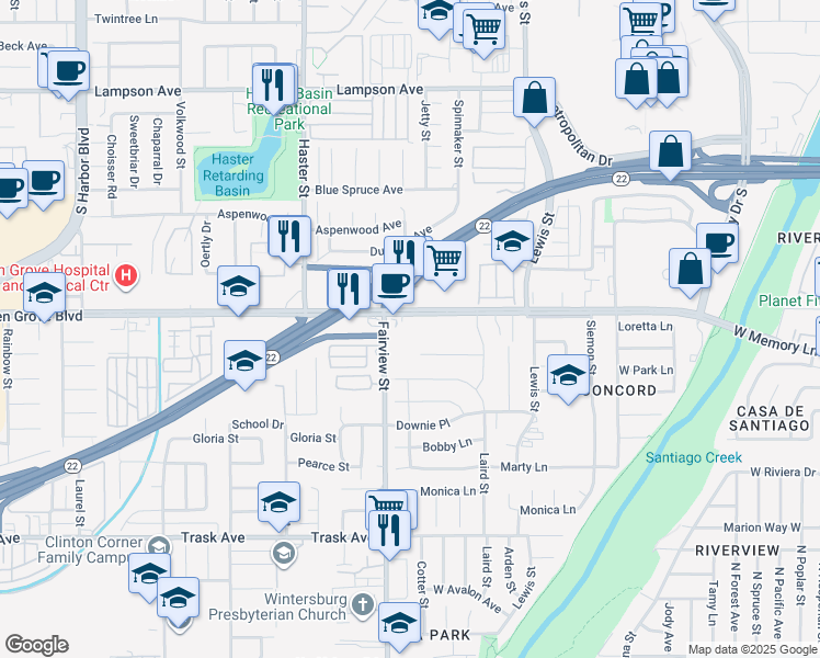 map of restaurants, bars, coffee shops, grocery stores, and more near 13252 Garden Grove Boulevard in Garden Grove