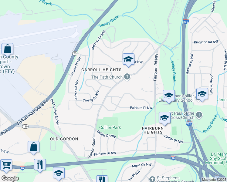 map of restaurants, bars, coffee shops, grocery stores, and more near 731 Bolton Road Northwest in Atlanta