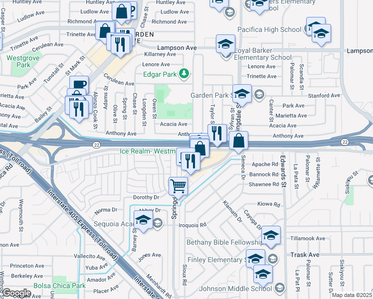 map of restaurants, bars, coffee shops, grocery stores, and more near 6000 Garden Grove Boulevard in Westminster