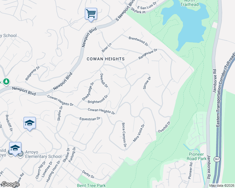 map of restaurants, bars, coffee shops, grocery stores, and more near 10251 Ladera Senda in Santa Ana
