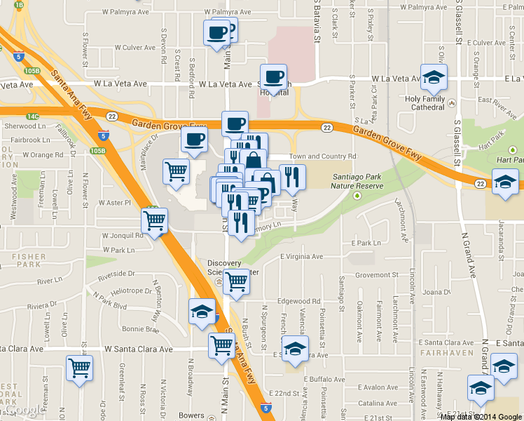 map of restaurants, bars, coffee shops, grocery stores, and more near 165 East City Place Drive in Santa Ana
