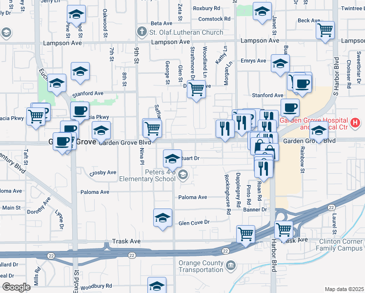 map of restaurants, bars, coffee shops, grocery stores, and more near 11702 Garden Grove Boulevard in Garden Grove