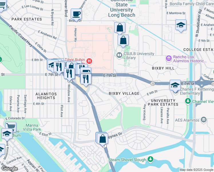 map of restaurants, bars, coffee shops, grocery stores, and more near 551 Pittsfield Court in Long Beach