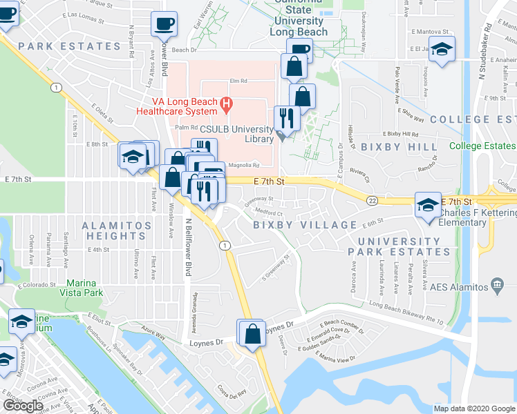 map of restaurants, bars, coffee shops, grocery stores, and more near 551 Pittsfield Court in Long Beach