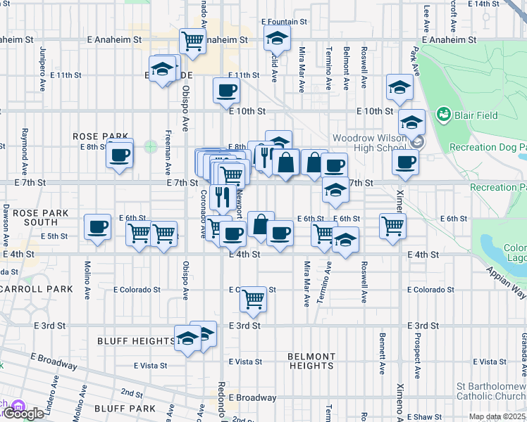 map of restaurants, bars, coffee shops, grocery stores, and more near 623 Loma Avenue in Long Beach
