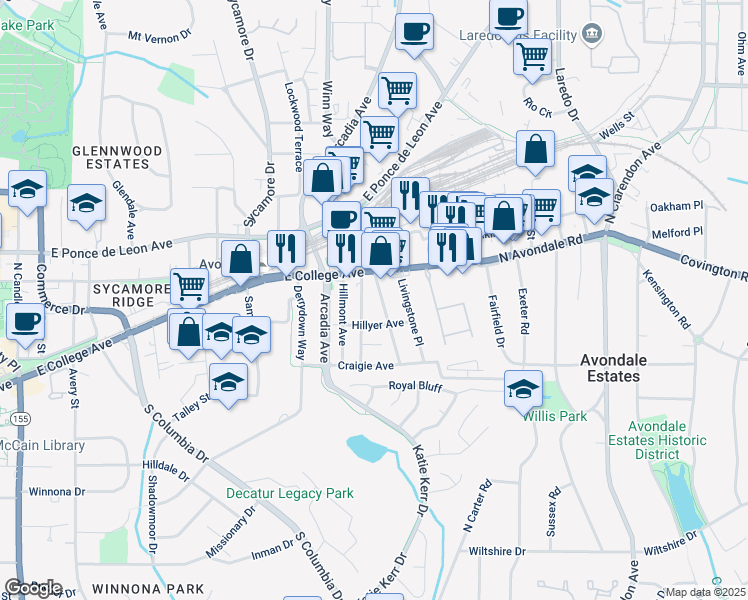 map of restaurants, bars, coffee shops, grocery stores, and more near 725 Brown Place in Decatur