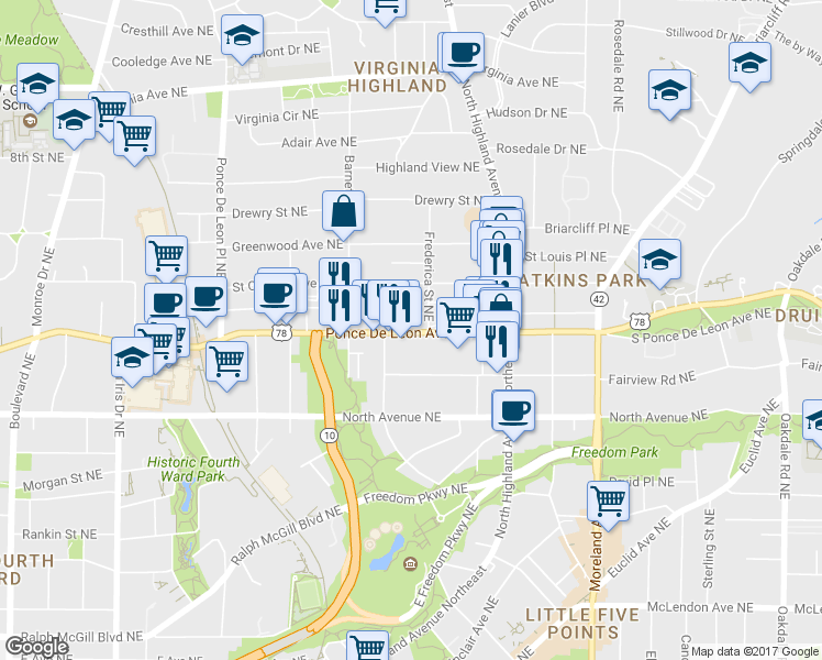 map of restaurants, bars, coffee shops, grocery stores, and more near 928 Ponce De Leon Avenue Northeast in Atlanta