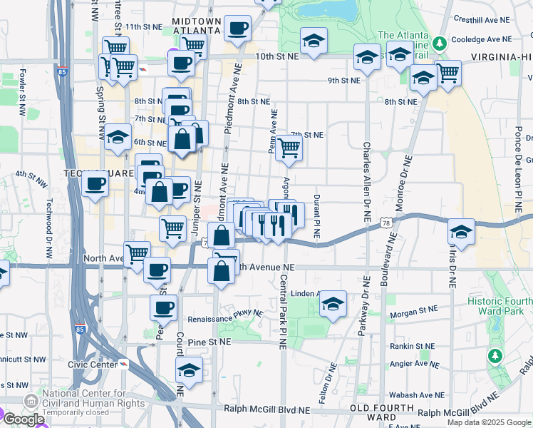 map of restaurants, bars, coffee shops, grocery stores, and more near in Atlanta