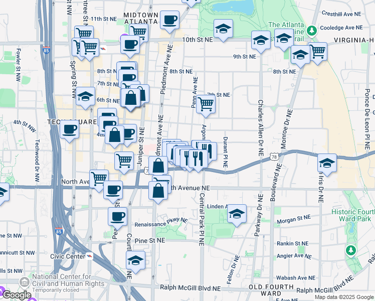 map of restaurants, bars, coffee shops, grocery stores, and more near 710 Penn Avenue Northeast in Atlanta