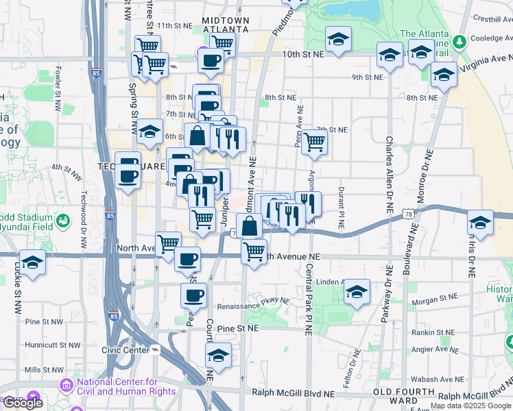 map of restaurants, bars, coffee shops, grocery stores, and more near 711 Piedmont Avenue Northeast in Atlanta