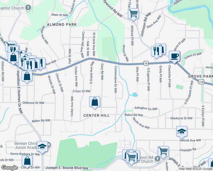 map of restaurants, bars, coffee shops, grocery stores, and more near 691 Gary Road Northwest in Atlanta