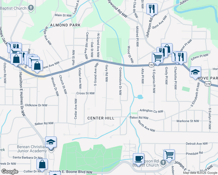 map of restaurants, bars, coffee shops, grocery stores, and more near 691 Gary Road Northwest in Atlanta