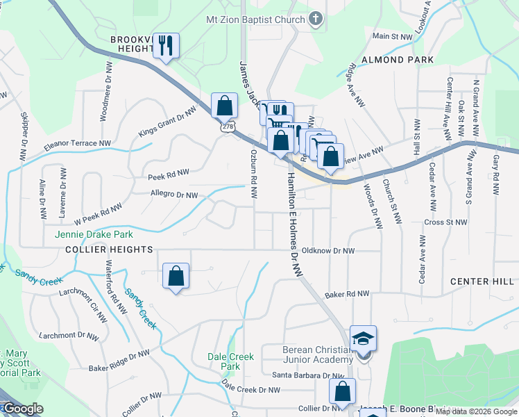 map of restaurants, bars, coffee shops, grocery stores, and more near 2685 Washington Street Northwest in Atlanta