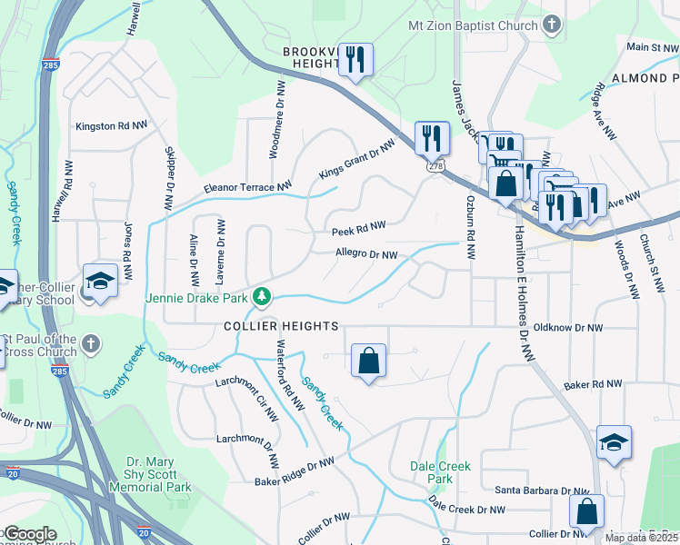 map of restaurants, bars, coffee shops, grocery stores, and more near 711 Symphony Lane Northwest in Atlanta