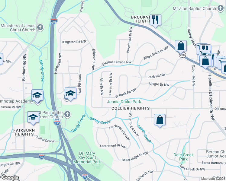 map of restaurants, bars, coffee shops, grocery stores, and more near 695 Laverne Drive Northwest in Atlanta