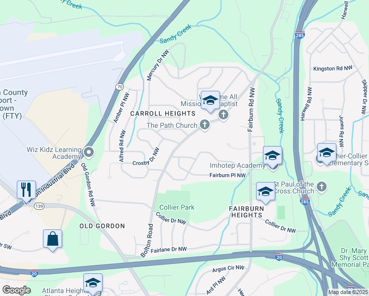 map of restaurants, bars, coffee shops, grocery stores, and more near 731 Bolton Road Northwest in Atlanta