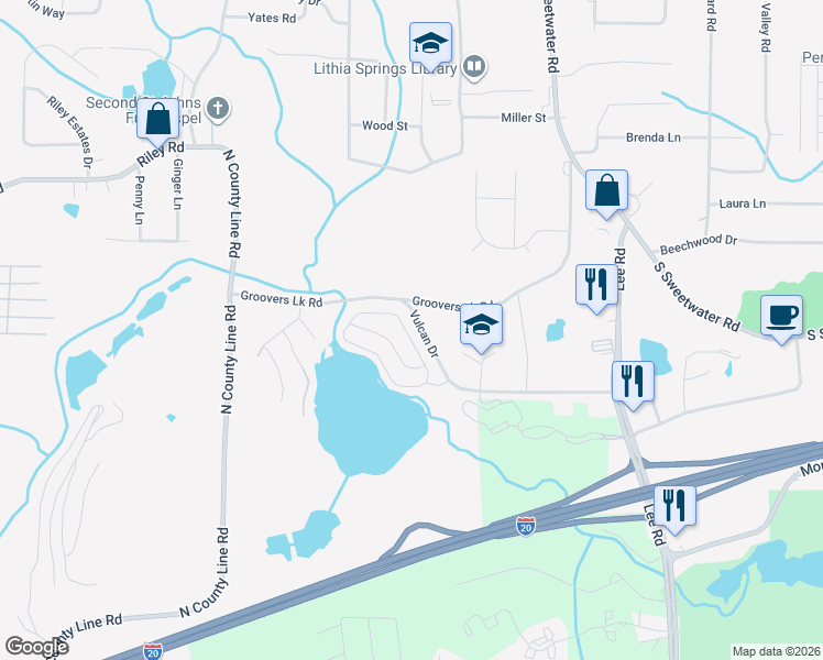 map of restaurants, bars, coffee shops, grocery stores, and more near 1257 Matt Moore Court in Lithia Springs