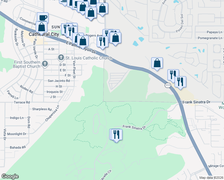 map of restaurants, bars, coffee shops, grocery stores, and more near 69333 East Palm Canyon Drive in Cathedral City
