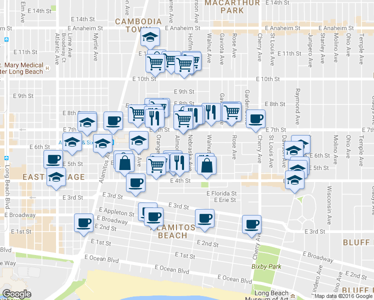 map of restaurants, bars, coffee shops, grocery stores, and more near in Long Beach