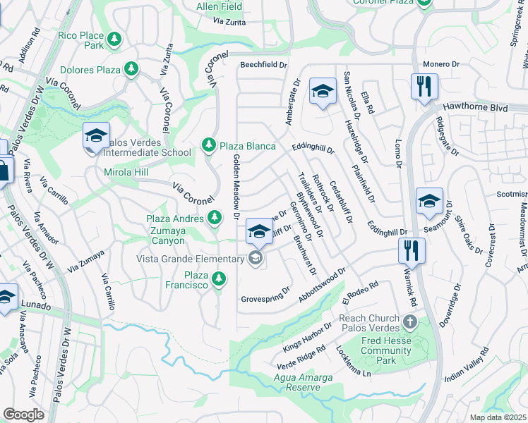 map of restaurants, bars, coffee shops, grocery stores, and more near 6938 Willowtree Drive in Rancho Palos Verdes